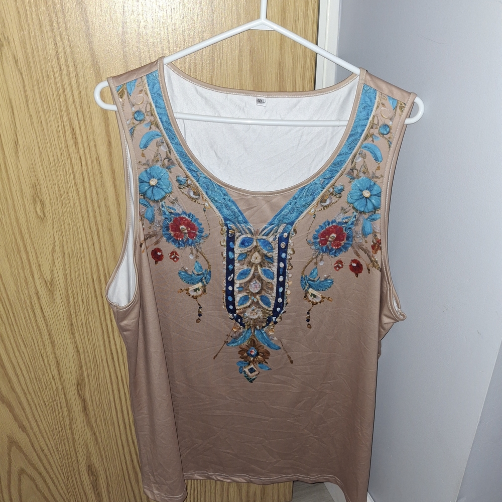 Embroidered Tan Sleeveless Women's Top with Turquoise Accents